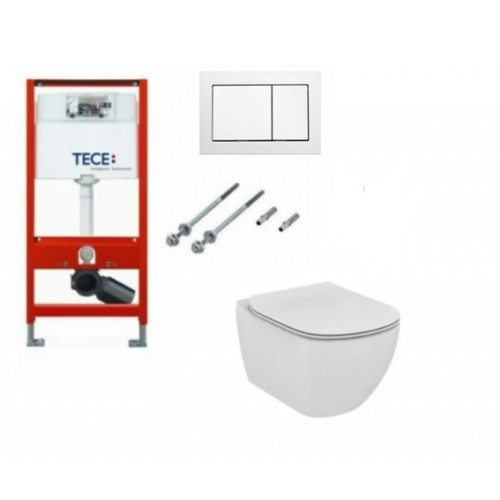 Tece potinkinis rėmas su baltu vandens nuleidimo mygtuku ir Ideal Standard Tesi pakabinamu klozetu su lėtaeigiu dangčiu