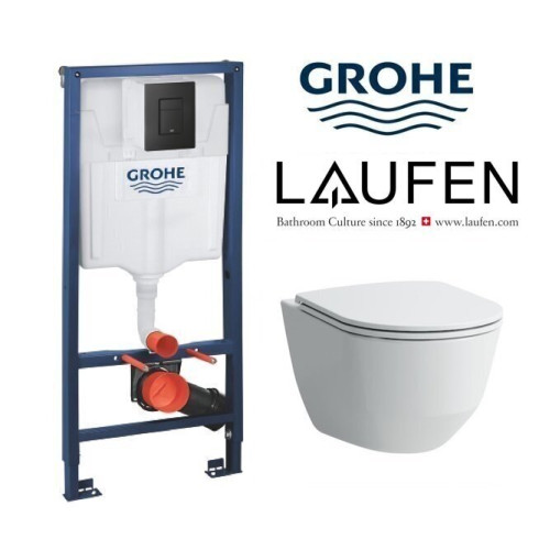  Komplektas Grohe potinkinis rėmas + juodas mygtukas  ir Laufen Pro rimless su lėtaeigiu dangčiu