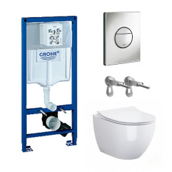 Potinkinio rėmo Grohe, mygtuko Nova Cosmopolitan ir klozeto Opoczno Urban Harmony Rimless su plonu lėtaeigiu dangčiu komplektas