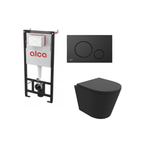 Potinkinis WC rėmas Alcadrain 5in1 su  Fresh rėmeliu tabletėms  ir Galve juodas klozetas su lėtaeigiu dangčiu