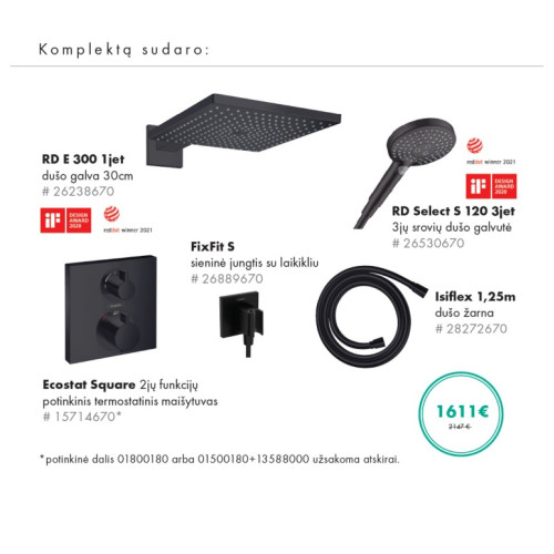 Juodos matinės spalvos potinkinis Hansgrohe dušo sistemos komplektas 5 in 1