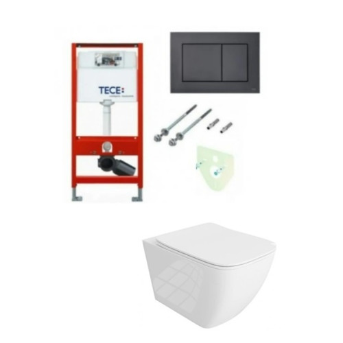 Tece rėmas su juodu TeceNow vandens nuleidimo mygtuku ir Onil rimless pakabinamu klozetu su lėtaeigiu dangčiu