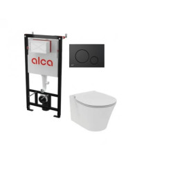 Alcadrain potinkinis rėmas su juodu mygtuku ir Connect Air AquaBlade klozetu