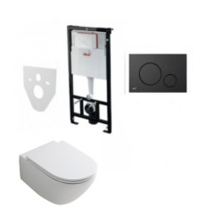 Komplektas 4 in1 Alcadrain rėmas + mygtukas juodas matinis, Hatria Fusion Compact  Rimless klozetas su lėtaegiu dangčiu