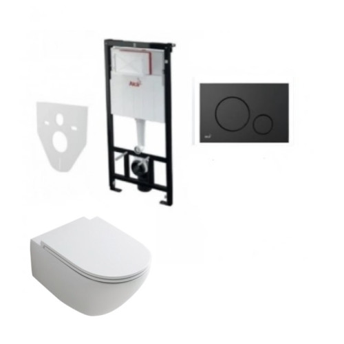 Komplektas 4 in1 Alcadrain rėmas + mygtukas juodas matinis, Hatria Fusion Compact  Rimless klozetas su lėtaegiu dangčiu