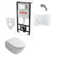 Komplektas 4 in1 Alcadrain rėmas + mygtukas chromas , Hatria Fusion Compact  Rimless klozetas su lėtaegiu dangčiu