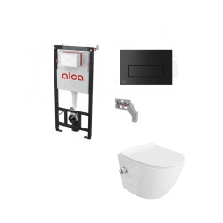 Komplektas 4 in1 Alcadrain rėmas + mygtukas juodas, Salto Rimless klozetas su lėtaegiu dangčiu Komplektas 4 in1 Alcadrain rėmas + mygtukas juodas, Salto Rimless klozetas su lėtaegiu dangčiu