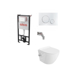 Komplektas 4 in1 Alcadrain rėmas + mygtukas chromas Salto Rimless klozetas su bidė funkcija ir soft close dangčiu Komplektas 4 in1 Alcadrain rėmas + mygtukas chromas Salto Rimless klozetas su bidė funkcija ir soft close dangčiu