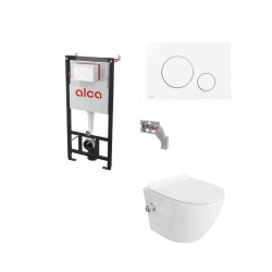 Komplektas 4 in1 Alcadrain rėmas + mygtukas baltas Salto Rimless klozetas su lėtaegiu dangčiu Komplektas 4 in1 Alcadrain rėmas + mygtukas baltas Salto Rimless klozetas su lėtaegiu dangčiu