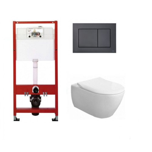 WC rėmo Tece, juodo mygtuko Now ir pakabinamo klozeto Villeroy & Boch Subway 2.0 DirectFlush su plonu lėtaeigiu dangčiu komplektas