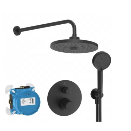 Ideal Standard Ceratherm 100 potinkinė juoda matinė termostatinė sistema: apvali 260 mm dviejų srovių lietaus galva