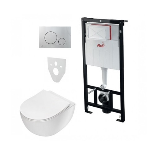 Komplektas 4 in1 Alcaplast rėmas + mygtukas chromas,  Deante Peonia Rimless klozetas su lėtaegiu dangčiu