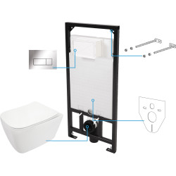 Komplektas 6 in1 Deante rėmas + chromuotas mygtukas , Deante Hiacynt Rimless klozetas su lėtaeigiu dangčiu