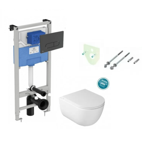 Komplektas 4in1 Ideal standard + mygtukas juodas matinis , Galassia Dream Rimless klozetas su lėtaegiu dangčiu