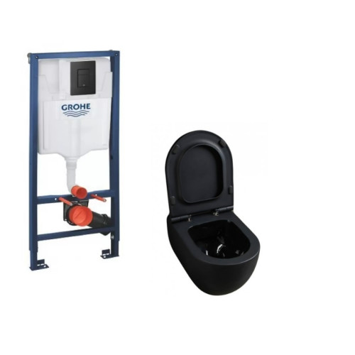 Potinkinis WC rėmas GROHE 5in1 su Grohe fresh 38827000 ir Alice Ceramica juodas klozetas su lėtaeigiu dangčiu