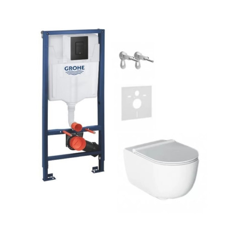 Komplektas 3in1 Potinkinis rėmas Grohe + juodas matinis mygtukas ir  Alice Ceramica Unica klozetas su lėtaeigiu dangčiu