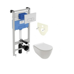 Ideal standard potinkinis rėmas Prosys su baltu Oleas vandens nuleidimo mygtuku ir Hatria Fusion Rimless pakabinamas klozetas su lėtaeigiu dangčiu