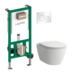 WC puodo komplektas  su lėtaeigiu  dangčiu Fiora Rimless, Ineo potinkinis rėmas, Moon mygtukas, baltas