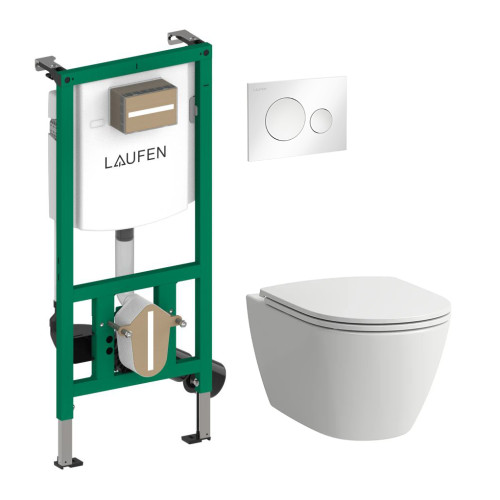 WC puodo komplektas  su lėtaeigiu  dangčiu Fiora Rimless, Ineo potinkinis rėmas, Moon mygtukas, baltas