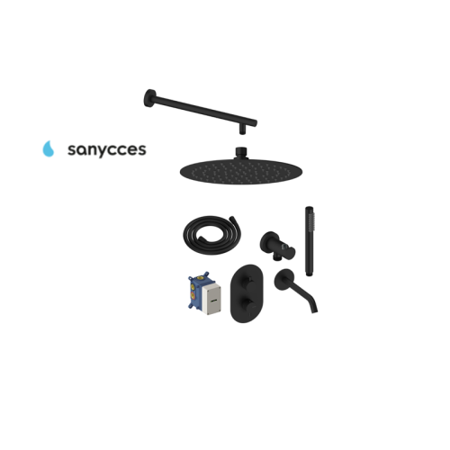 Termostatinė potinkinė dušo sistema su snapu voniai Sanycces juoda matinė (spalvų pasirinkimas) 