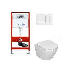 Tece potinkinis rėmas su baltu vandens nuleidimo mygtuku ir  Sinto klozetas su sukūrinė vandens nuleidimo sistema ir lėtaegiu dangčiu