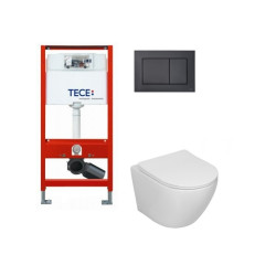 Tece potinkinis rėmas su TeceNow Juodu vandens nuleidimo mygtuku ir  Sinto klozetas su sukūrinė vandens nuleidimo sistema ir lėtaegiu dangčiu