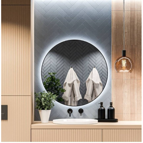 Massi Valo Slim LED apvalus veidrodis su LED apšvietimu, juodu rėmeliu, įvairių dydžių