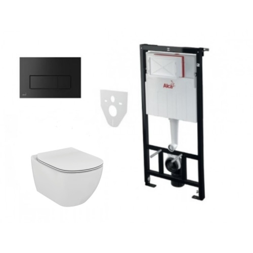 Komplektas 4 in1 Alcaplast rėmas + mygtukas juodas matinis, Ideal Standard Tesi Aquablade klozetas su lėtaegiu dangčiu