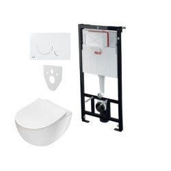 Komplektas 4 in1 Alcaplast rėmas + mygtukas baltas,  Deante Peonia Rimless klozetas su lėtaegiu dangčiu
