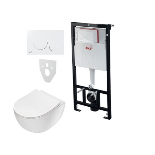 Komplektas 4 in1 Alcaplast rėmas + mygtukas baltas,  Deante Peonia Rimless klozetas su lėtaegiu dangčiu