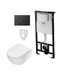 Komplektas 4 in1 Alcaplast rėmas + mygtukas juodas matinis, Deante Peonia Rimless klozetas su lėtaegiu dangčiu