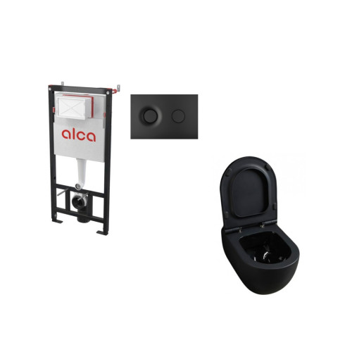  Potinkinis WC rėmas Alcadrain 5in1 su Alca fresh  ir Alice Ceramica juodas klozetas su lėtaeigiu dangčiu