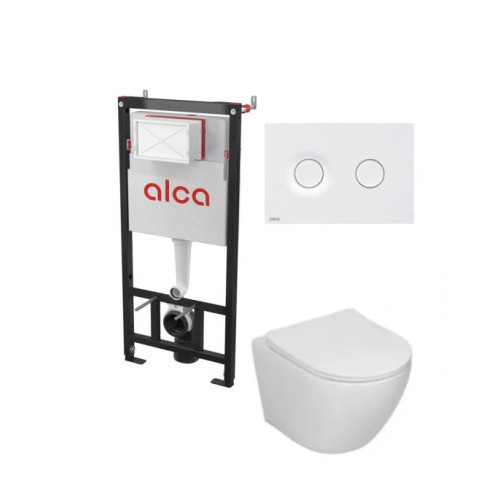 Potinkinis WC rėmas Alcadrain 5in1 su Alca fresh i Sinto klozetas su sukūrinė vandens nuleidimo sistema ir lėtaegiu dangčiu ir baltu matiniu mygtuku
