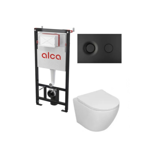 Potinkinis WC rėmas Alcadrain 5in1 su Alca fresh ir  Sinto klozetas su sukūrinė vandens nuleidimo sistema ir lėtaegiu dangčiu ir juodu matiniu mygtuku