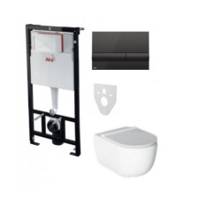 Komplektas 4 in1 Alcaplast rėmas + mygtukas juodas,  Alice Ceramica Unica Rimless klozetas su lėtaegiu dangčiu