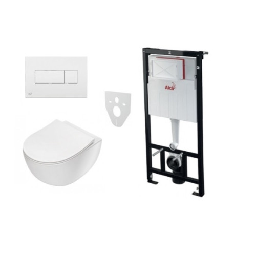Komplektas 4 in1 Alcaplast rėmas + mygtukas baltas, Deante Peonia Rimless klozetas su lėtaegiu dangčiu