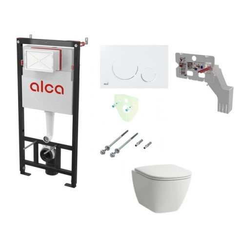 Potinkinis rėmas Alcadrain su baltu mygtuku  ir FRESH LAUFEN LUA RIMLESS pakabinamas wc su lėtaeigiu dangčiu