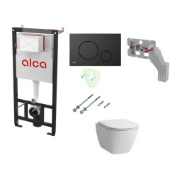 Potinkinis rėmas Alcadrain su juodu mygtuku  ir FRESH LAUFEN LUA RIMLESS pakabinamas wc su lėtaeigiu dangčiu