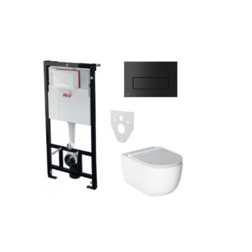 Komplektas 4 in1 Alcaplast rėmas + mygtukas juodas matinis,  Alice Ceramica Unica Rimless klozetas su lėtaegiu dangčiu