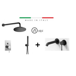 Komplektas potinkinė Alpi Blue juoda dušo sistema ir potinkinis praustuvo maišytuvas