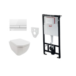 Komplektas 4 in1 Alcaplast rėmas + mygtukas baltas,Hatria Bianca Pure Rimless klozetas su lėtaegiu dangčiu