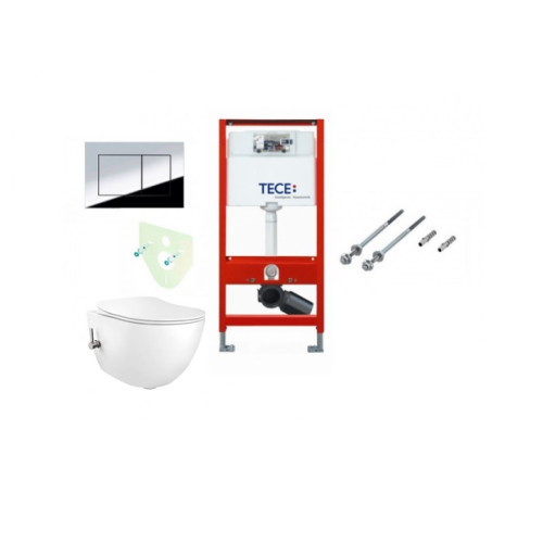 Tece potinkinis rėmas su TeceNow vandens nuleidimo mygtuku ir Peonia Rimless su bidė funkcija su lėtaeigiu dangčiu Tece potinkinis rėmas su TeceNow vandens nuleidimo mygtuku ir Peonia Rimless su bidė funkcija su lėtaeigiu dangčiu