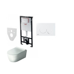 Komplektas 4 in1 Alcaplast rėmas + mygtukas baltas Hatria Fusion Rimless klozetas su lėtaegiu dangčiu