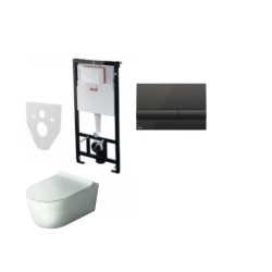 Komplektas 4 in1 Alcaplast rėmas + mygtukas juodas Hatria Fusion Rimless klozetas su lėtaegiu dangčiu