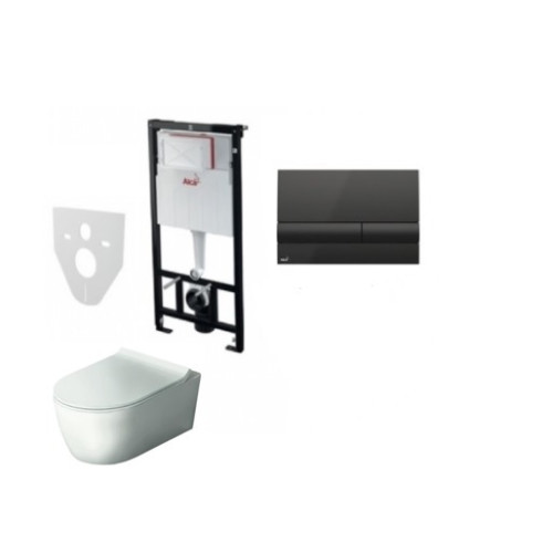 Komplektas 4 in1 Alcaplast rėmas + mygtukas juodas Hatria Fusion Rimless klozetas su lėtaegiu dangčiu