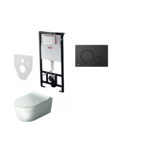 Komplektas 4 in1 Alcaplast rėmas + mygtukas juodas matinis, Hatria Fusion Rimless klozetas su lėtaegiu dangčiu