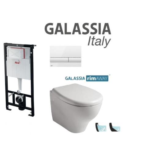 Komplektas Alcaplast rėmas + mygtukas baltas ir Galassia Eden klozetas su lėtaegiu dangčiu
