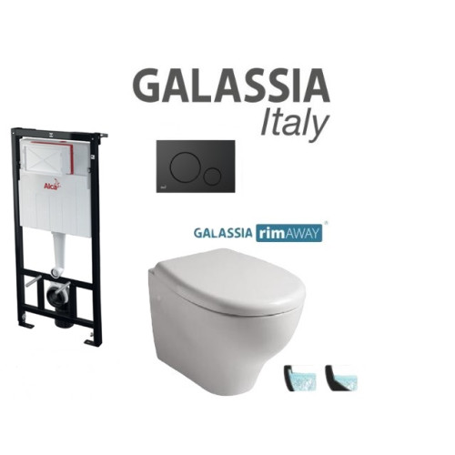 Komplektas Alcaplast rėmas + mygtukas juodas matinis ir Galassia Eden Rim Away klozetas su lėtaegiu dangčiu