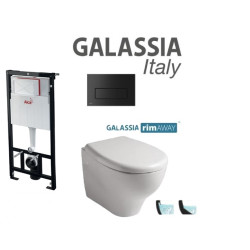 Komplektas Alcaplast rėmas + mygtukas juodas matinis ir Galassia Eden Rim Away klozetas su lėtaegiu dangčiu