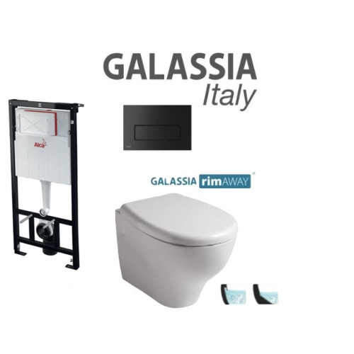 Komplektas Alcaplast rėmas + mygtukas juodas matinis ir Galassia Eden Rim Away klozetas su lėtaegiu dangčiu